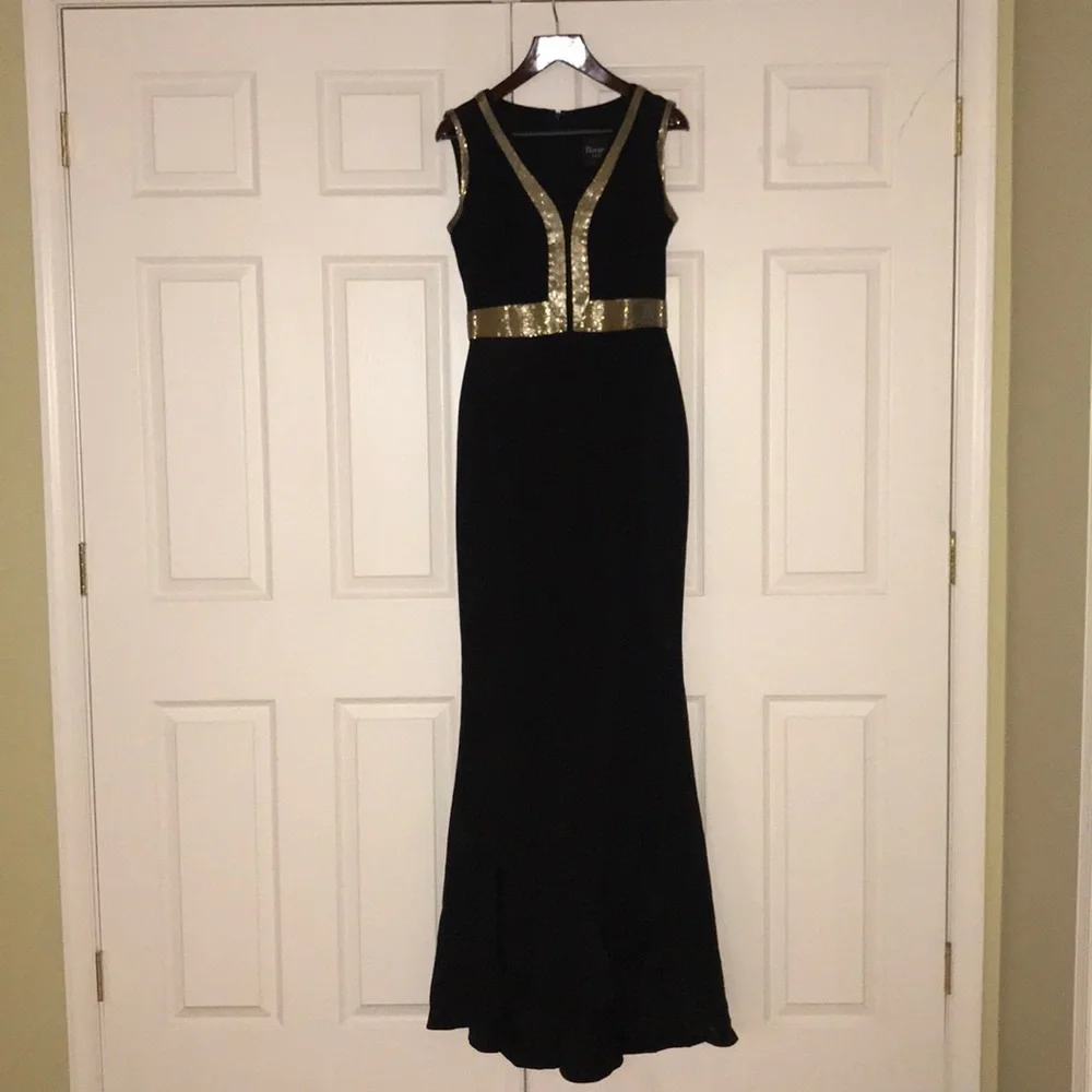 Reem Acra Black Silk Gold Beaded Detail Gown Sz 10 - Picture 2 of 8